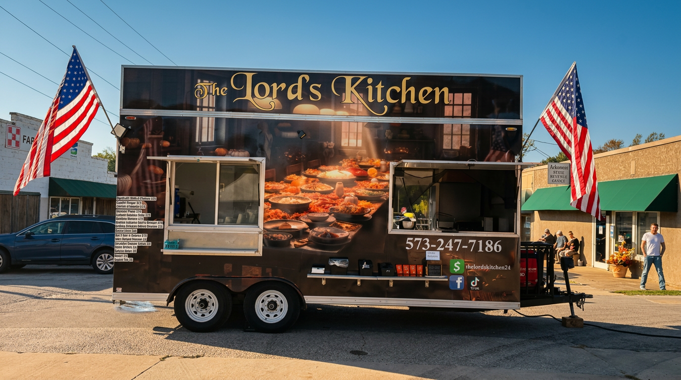 The Lord's Kitchen food truck parked and serving in Farmington, Arkansas